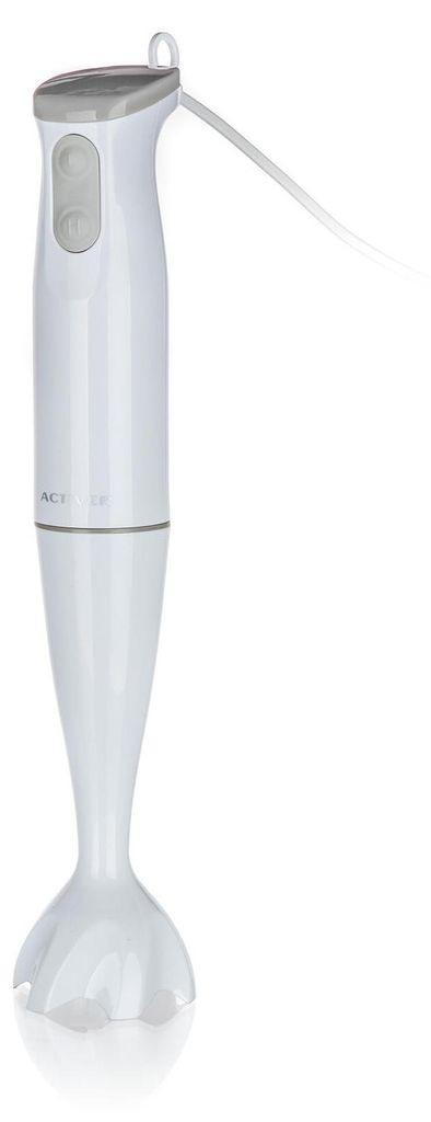 A white immersion blender is shown against a white background.