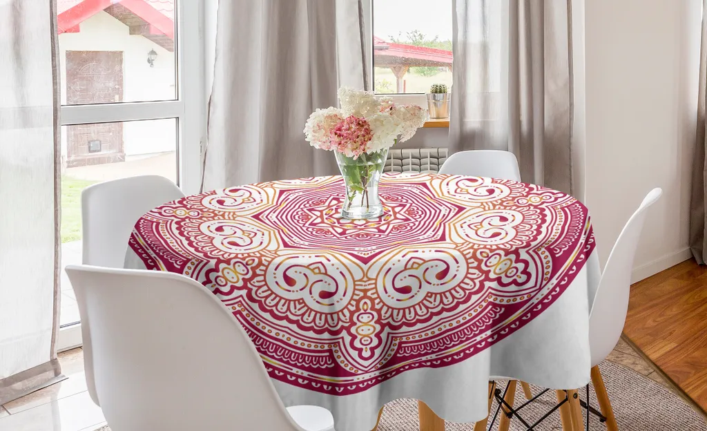 Tovaglia Rotonda 150 cm Rosa Mandala ABAKUHAUS Magenta e Crema