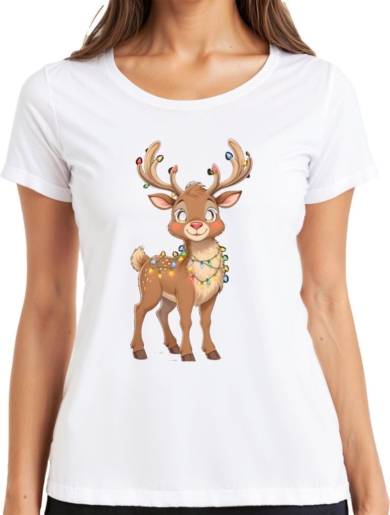 Weihnachtsrentier Lichterkette niedlich Cartoon Kinder Geschenk Damen T-Shirt, Weiß, M
