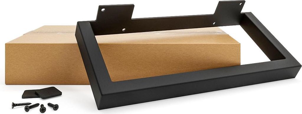 A black metal table leg and screws are shown on a white background, with a cardboard box behind them.