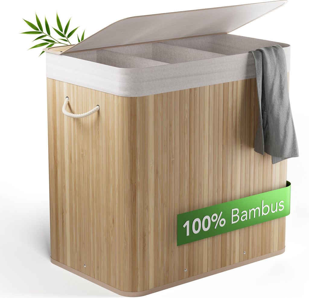 Bambus Wäschekorb 3 Fächer, 150L Wäschesammler mit Deckel & Produktbild 