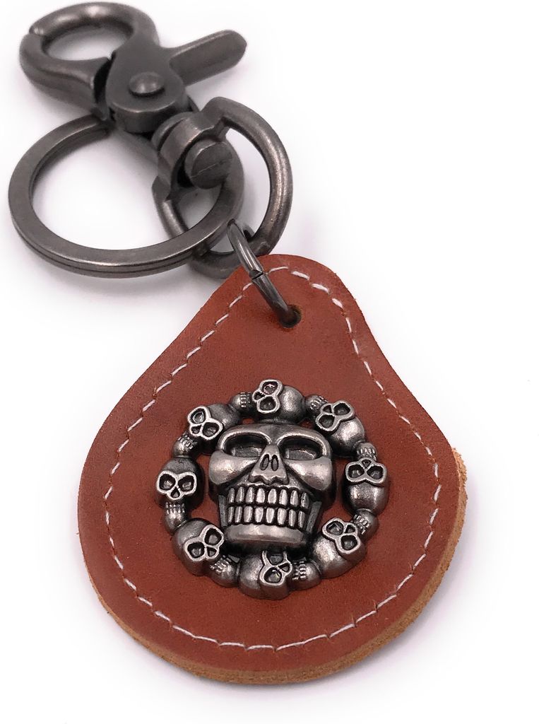 Onwomania Schlüsselanhänger Totenköpfe Totenkopf Schädel Tod silber Leder Anhänger Keychain