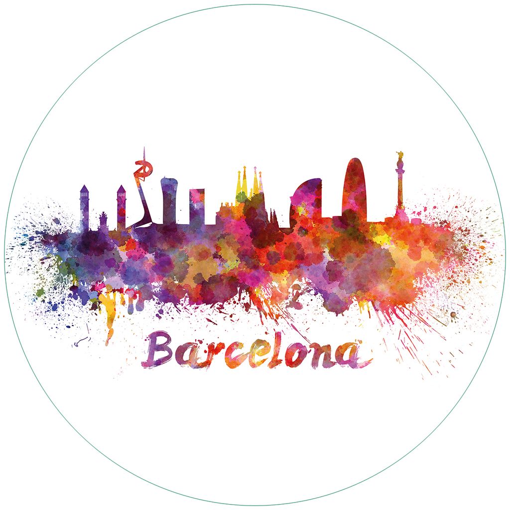 Wallario Premium Glasbild, freischwebende Optik, kräftige Farben, rund 50cm Durchmesser, Motiv Städte als Aquarell - Skyline von Barcelona