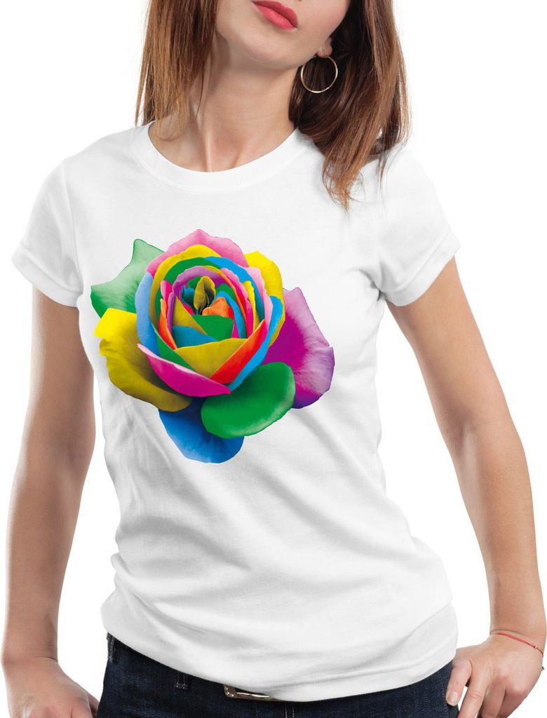 style3 Farbiger Rosen Druck Design Color Rose T-Shirt Damen, Farbe:Weiß, Größe:XL