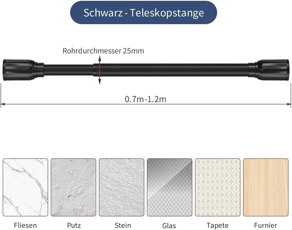 Duschvorhangstange Teleskop Klemm Kleider Vorhang Stange Duschvorhang Ständer Schwarz 70-120cm