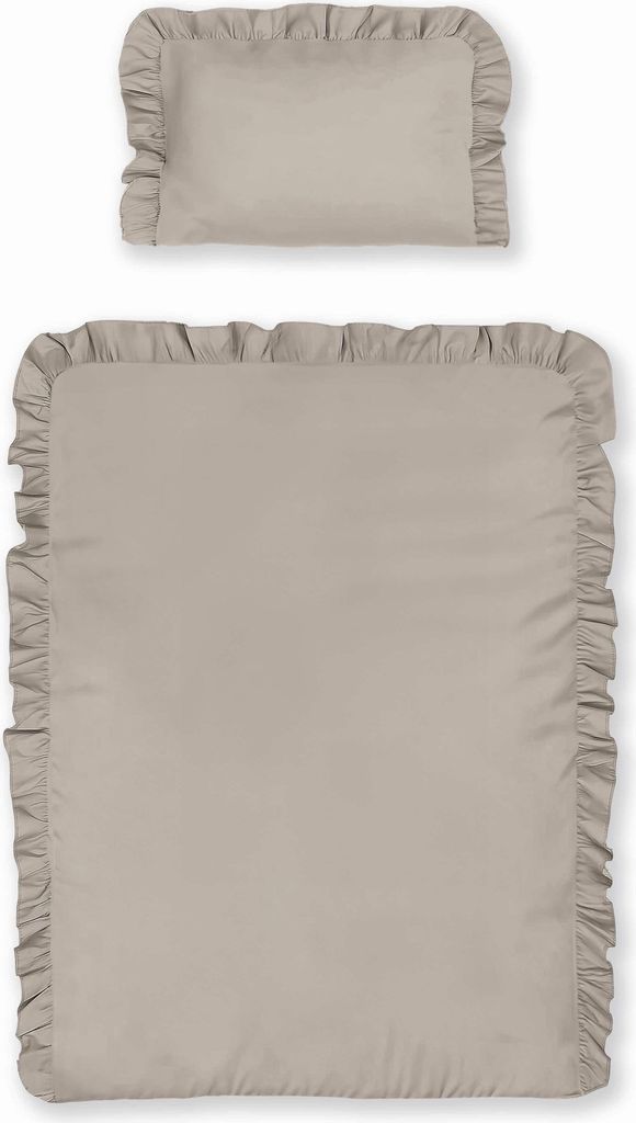 A top-down view of a two-piece baby bedding set, including a pillowcase and a duvet cover, both with ruffled edges, laid flat on a white background.