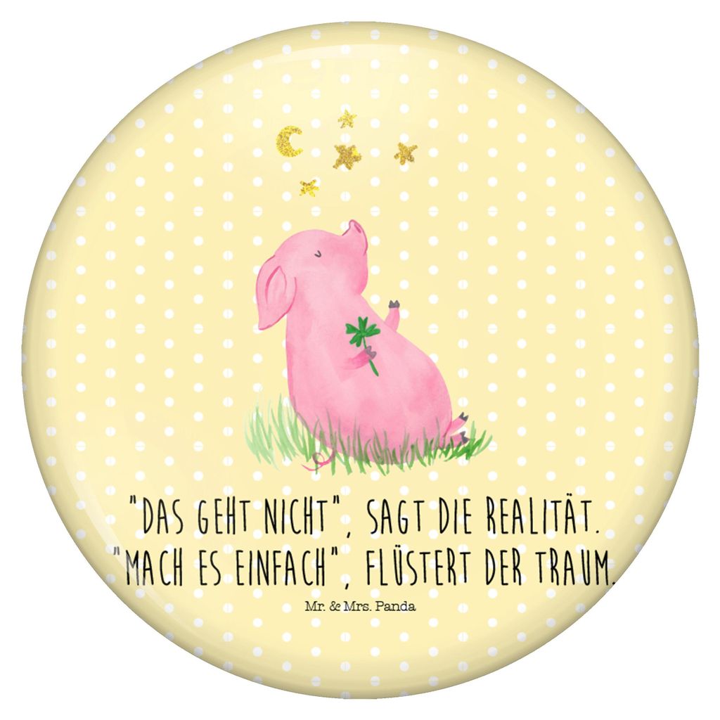 Mr. & Mrs. Panda Badge Schwein Glück - Gelb Pastell - Geschenk, Ziele, Lustige Sprüche, Plakette, Motivation, Glücksbringer, Pin, Anstecker, Ste...