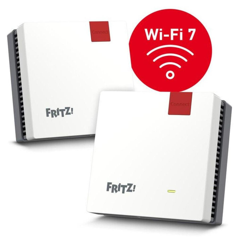 Two white FRITZ! repeaters are shown, with a red circle overlay indicating 'Wi-Fi 7'.