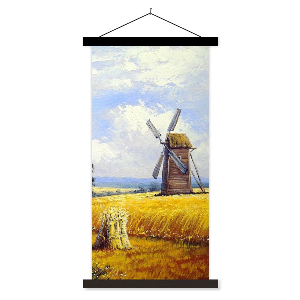 MuchoWow Textilposter Gemälde - Bauernhof - Mühle - Ölfarbe 40x80 cm mit schwarzem Rahmen - Wandemalerei