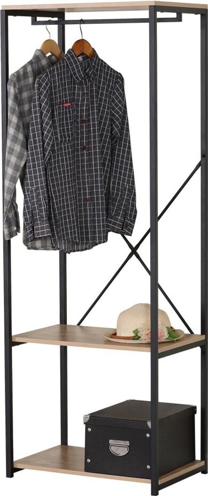 Kleiderständer / offener Kleiderschrank mit Regal und Kleiderstange – Maße 60x40x167 cm, Farbe helles Eichenholz und Schwarz