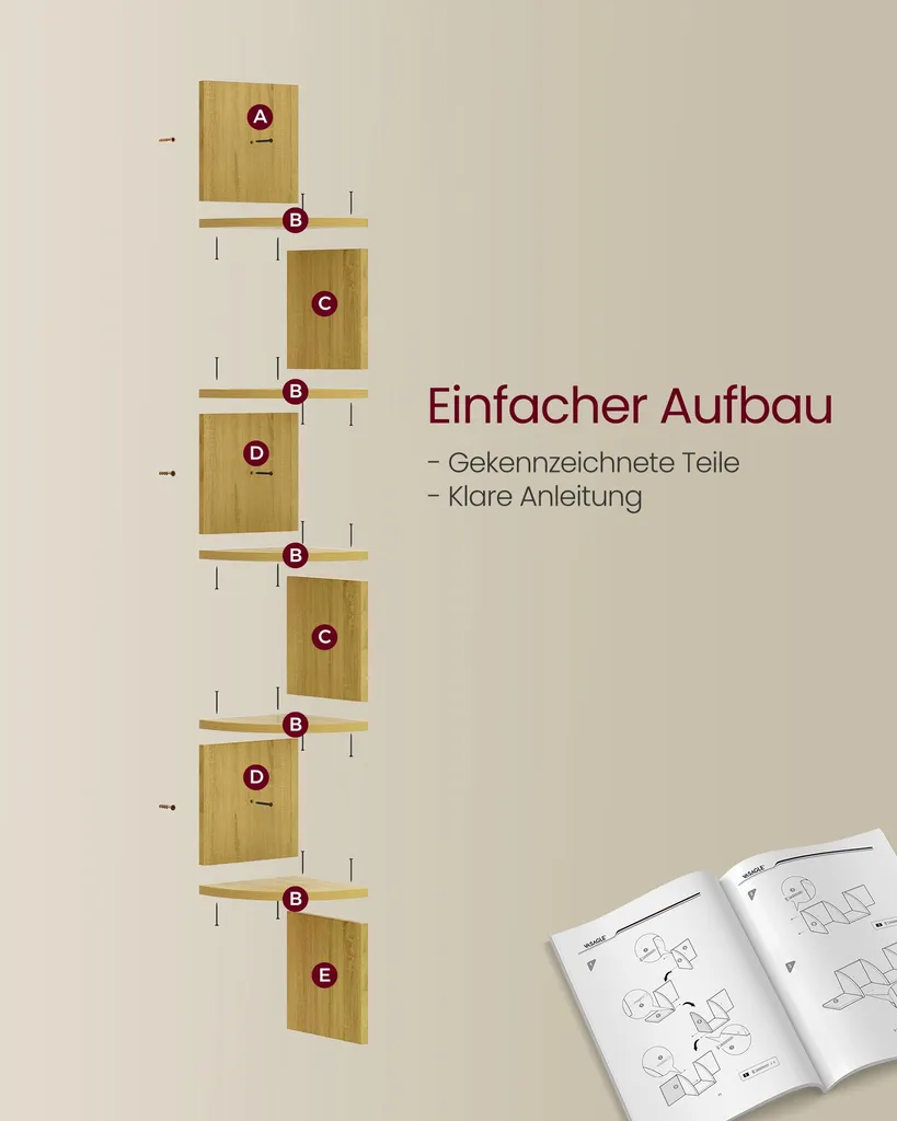 Étagère murale bois de chêne 5 niveaux haute résistance, format slim - 5