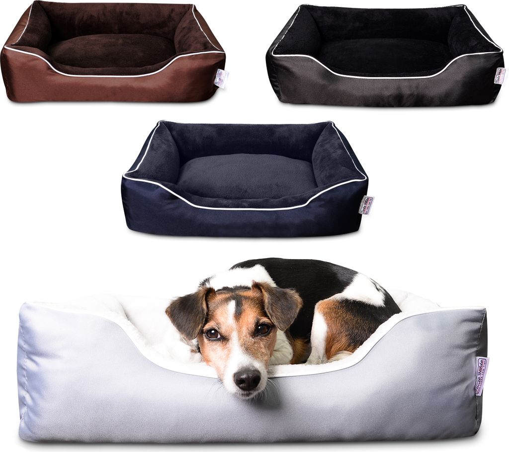 A collage of dog beds in different colors, with a dog resting in one of them.