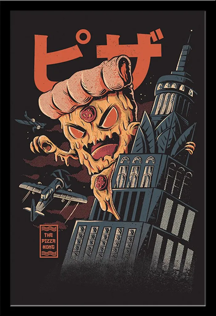 Affiche Pizza Kong Ilustrata Prête à Suspendre avec Cadre MDF Noir