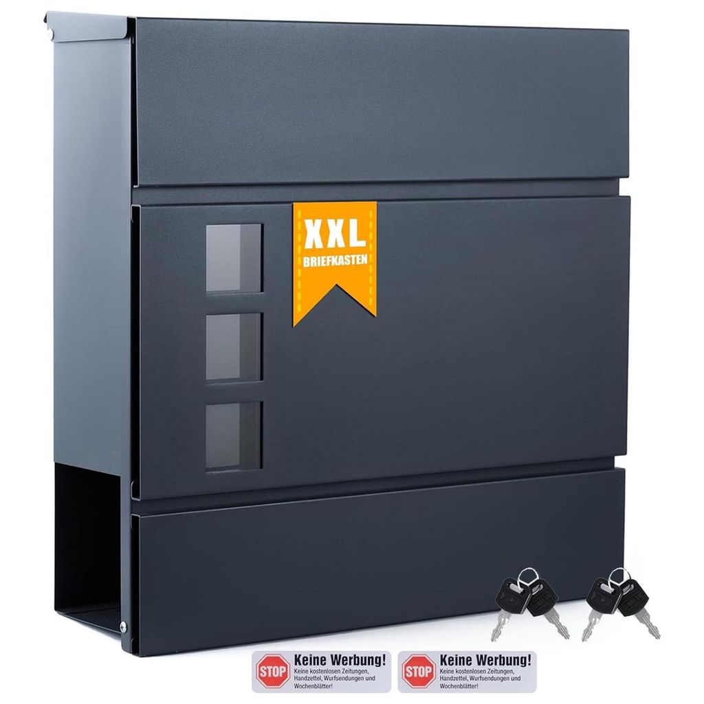 Theo&Cleo XXL Briefkasten Wandbriefkasten Postkasten C4 Briefkästen mit Zeitungsfach inkl. 4 Schlüsseln und Schloss Mailbox Groß Anthrazit