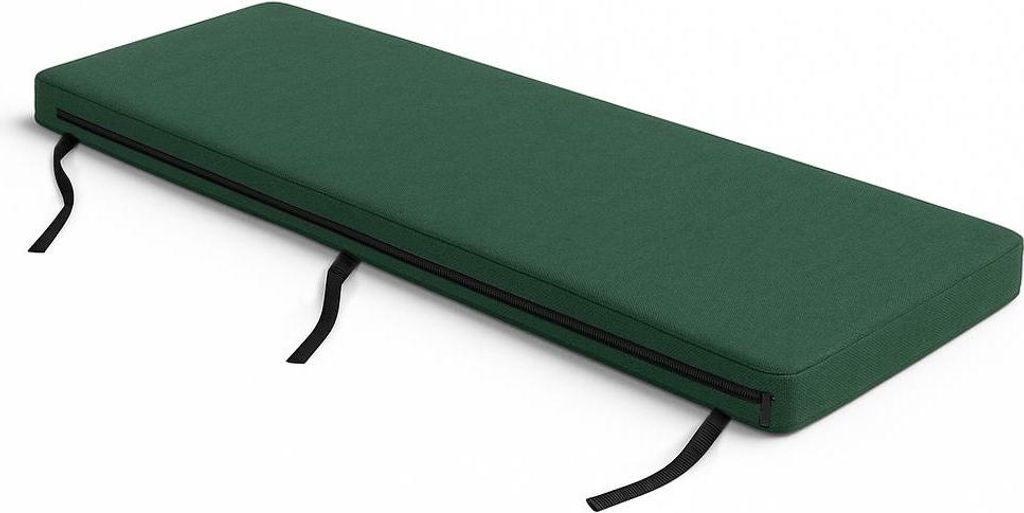 A green bench cushion with black ties is shown on a white background.