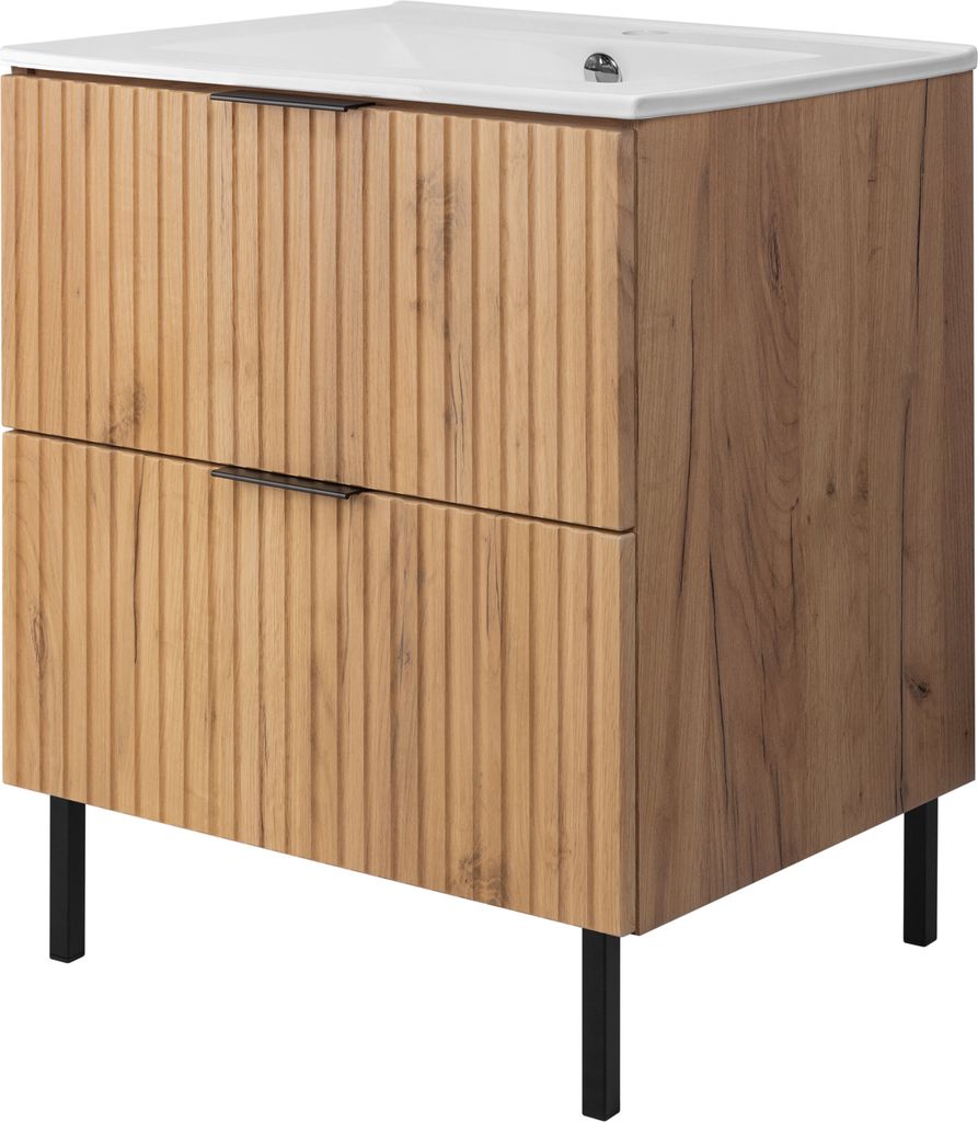 Badezimmerschrank, Eiche Craft + schwarzer Griff, 60 x 77 x 46 cm