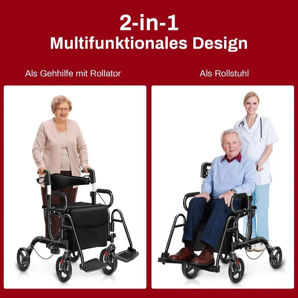 Rollator 4 roues convertible en fauteuil roulant de voyage réglable - 3