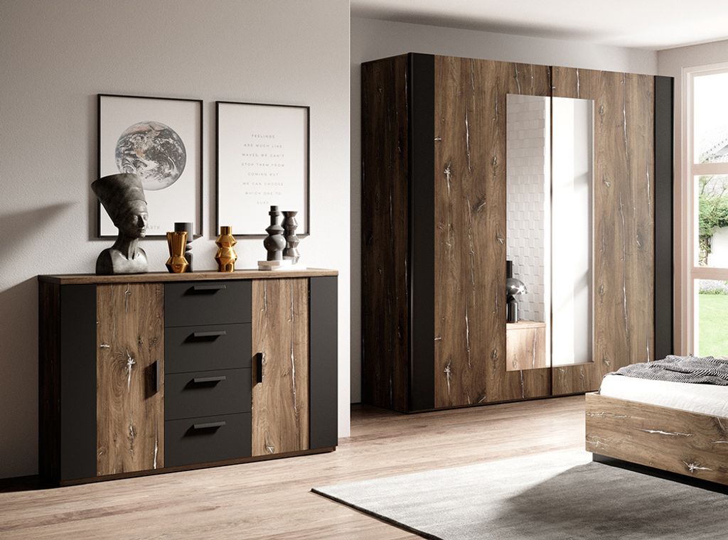 Kleiderschrank mit Kommode SOLMS-83 in Flagstaf Eiche dunkel Nb. und silber, kombiniert mit schwarz