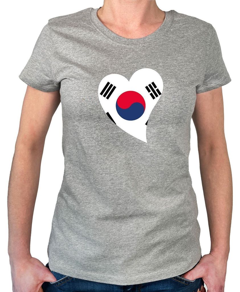 Huuraa Damen T-Shirt Südkorea Flagge Herz L Sport Grey Bio Baumwolle Fairtrade Damenshirt Geschenkidee