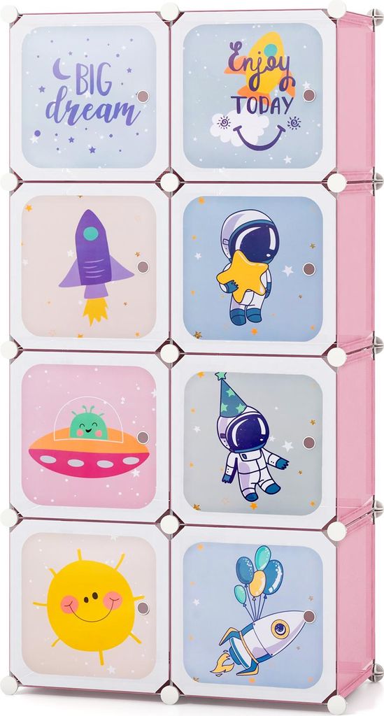 COSTWAY Kleiderschrank Kinder, Regalsystem aus Kunststoff mit 8 Würfeln, Kinderregal mit Türen & 2 Aufhänger, Aufbewahrungsschrank Steckregal, Rosa