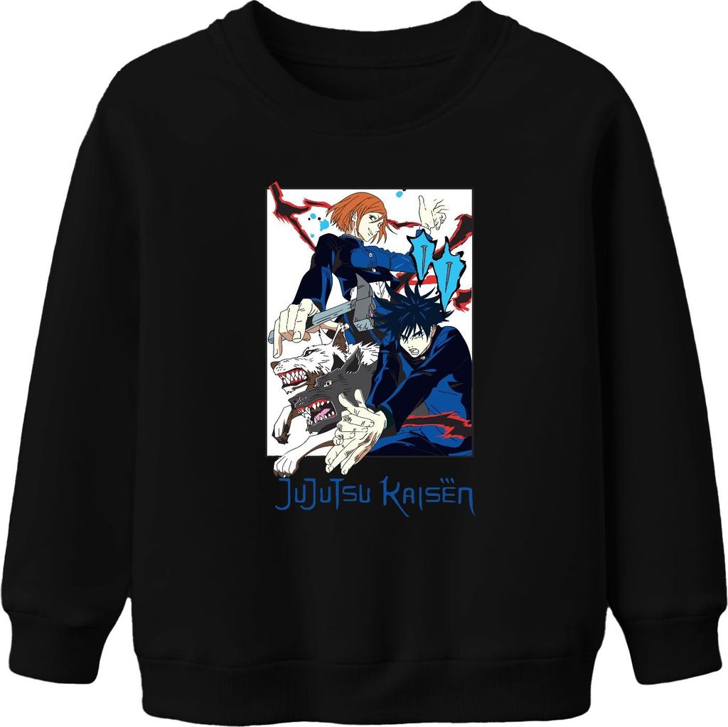 Jujutsu Kaisen Fushiguro Nobara Shikigami Hunde Anime Vintage Uni Kinder Sweatshirt Pullover, Schwarz, 152