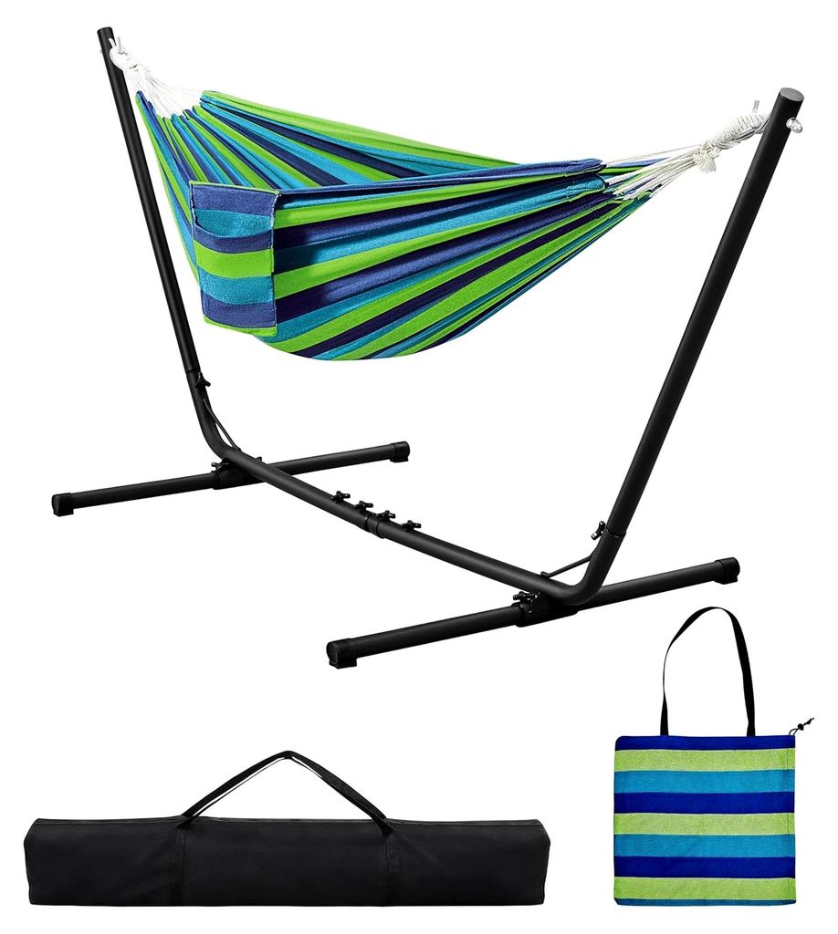 Hängematte mit Gestell, Verstellbare Doppelhängematte 294/304/314 cm, Stabiler Rahmen, Belastbarkeit bis 205 kg, Für 2-3 Personen, Blau-Grüner ...