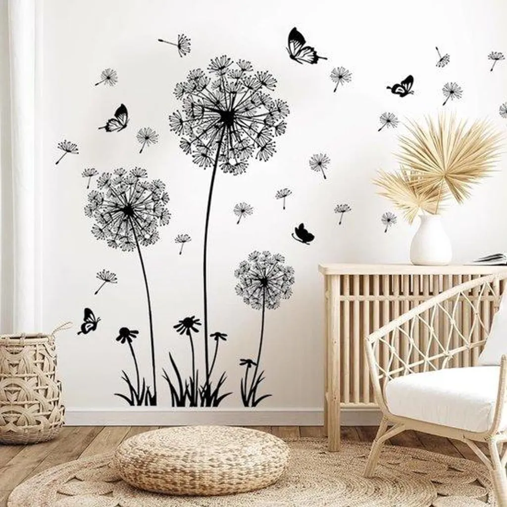 Grand Sticker Mural Cheval Floral Noir Design Moderne avec Papillons 3D