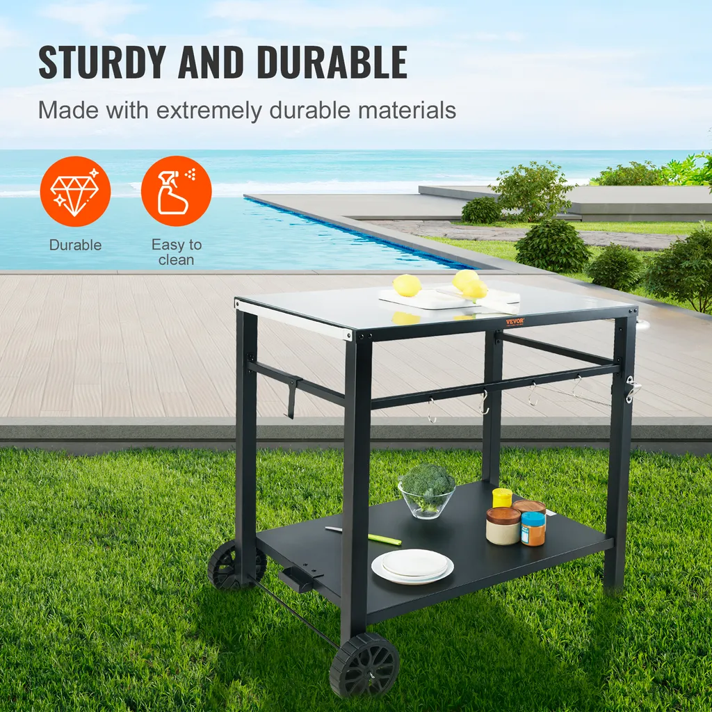 VEVOR Carrello di servizio Carrello da cucina 100 x 64 x 83,5 cm Carrello da pranzo per barbecue all'aperto con doppio ripiano, Tavolo mobile da barbecue per la preparazione dei cibi, Piano in ferro multifunzionale Nero - 3