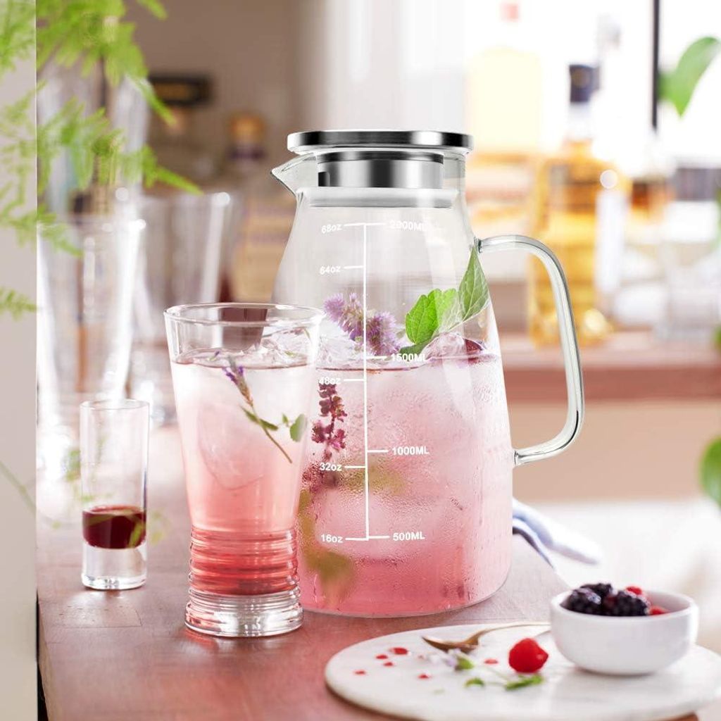 Wasserkaraffe Glaskaraffe 2 Liter - Hitzebeständig - Eisteekannen - Borosilikat - Kaltes Wasser - Saft - Heiße Kaffee - Eis - Trinken