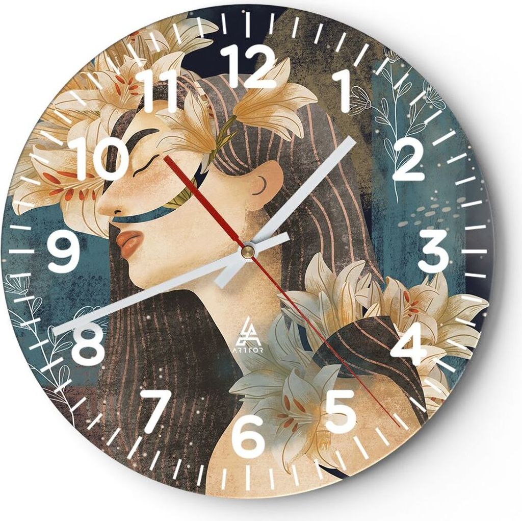 Wanduhr - Rund - Glasuhr - Surreal Frau Blumen - 30x30cm - Schleichendes Uhrwerk - Lautlos - zum Aufhängen bereit - Dekoration Modern - Wanddekora...
