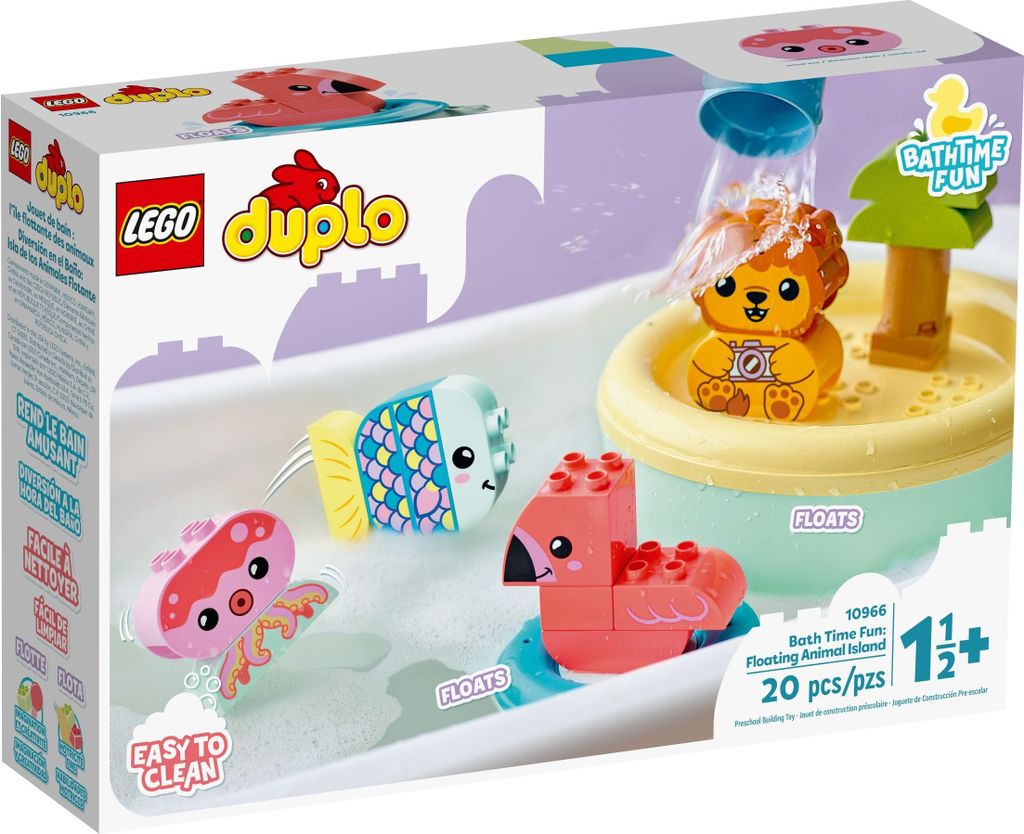 The image shows the packaging of a LEGO Duplo bath toy set, featuring floating animal figures in a bathtub setting.