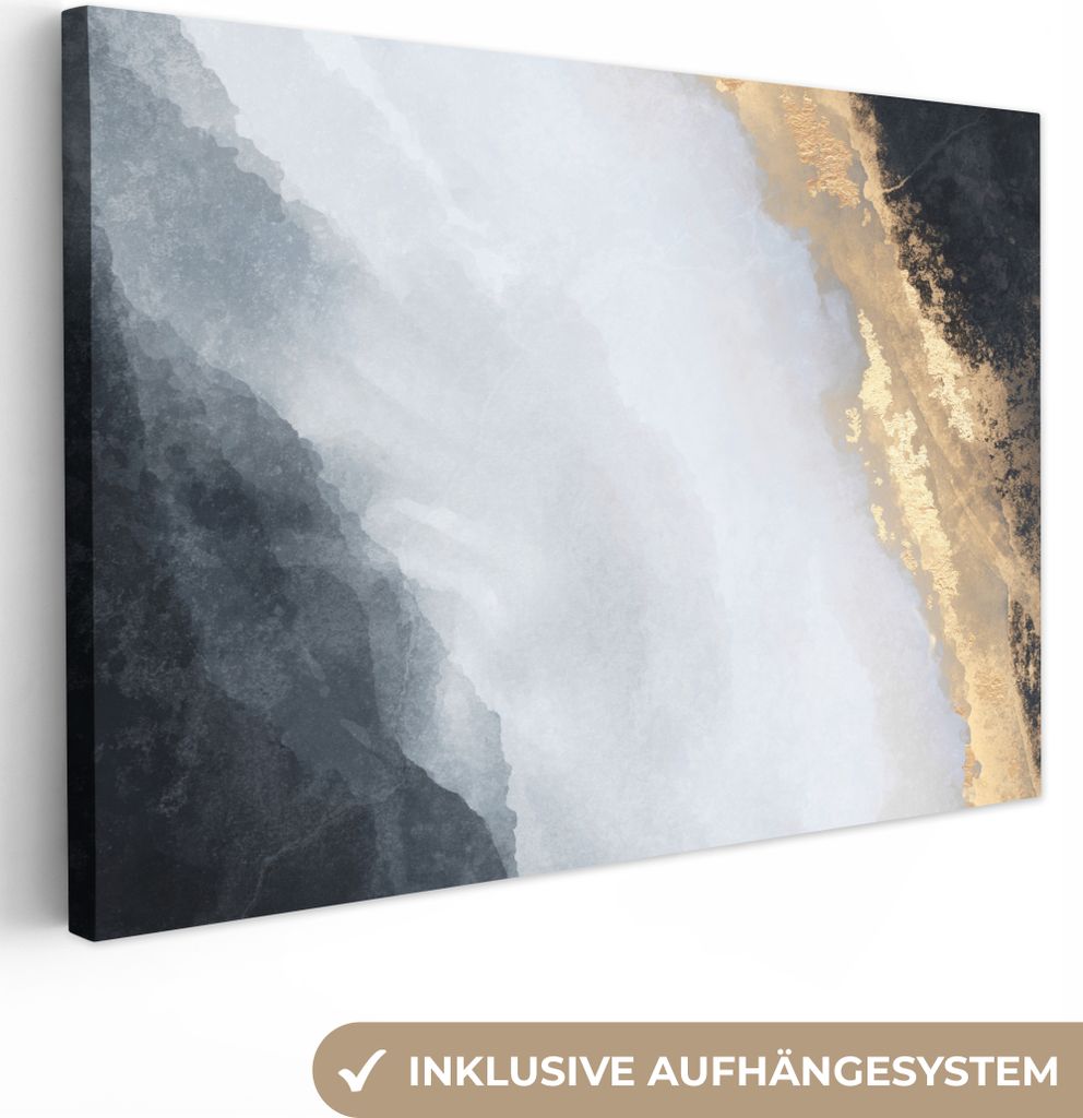 MuchoWow - Leinwandbilder - Abstrakt - Farbe - Gold - Schwarz - Marmor, Wandbild, Wanddeko Bilder Wohnzimmer, 90x60 cm