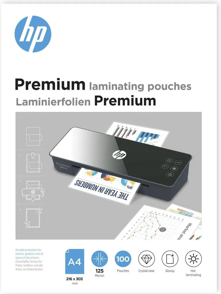 HP Premium - 125 micron - confezione da 100 pezzi - lucido - A4 (216 x 303 mm) Tasche per plastificazione (9124)