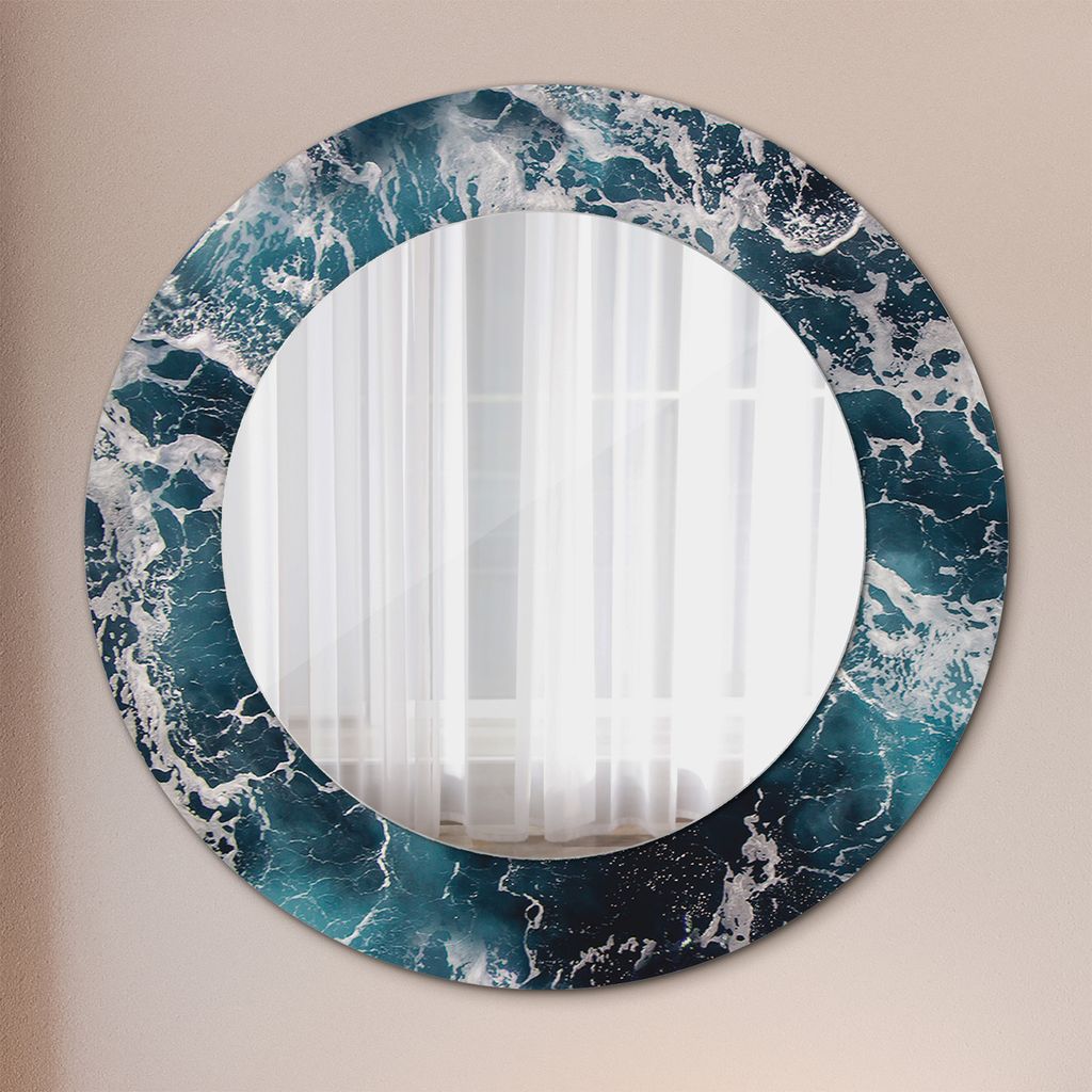 Ø60cm Spiegel - Glasrahmen mit Aufdruck - Wandspiegel Schlafzimmer - stürmisch Meer