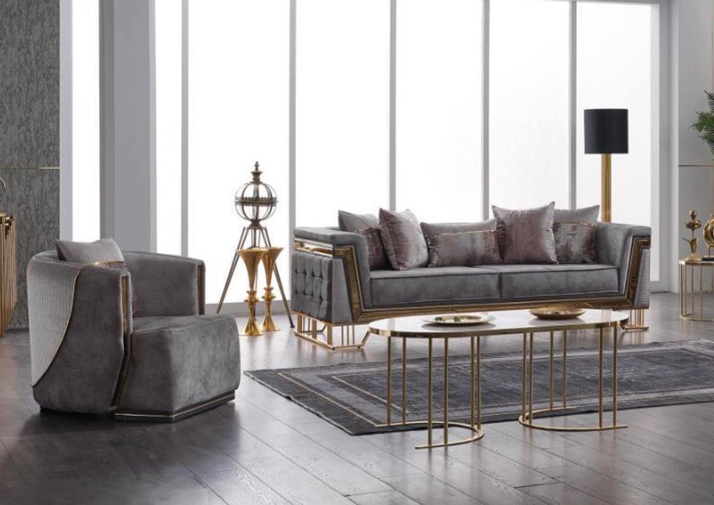 Grau Sofagarnitur 3+1 Sitzer mit Edelstahl Couch Sofa Polster Set 2tlg