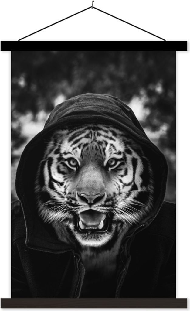 MuchoWow Textilposter Tiger mit Kapuze - schwarz und weiß 40x60 cm mit schwarzem Rahmen - Wanddekorationen