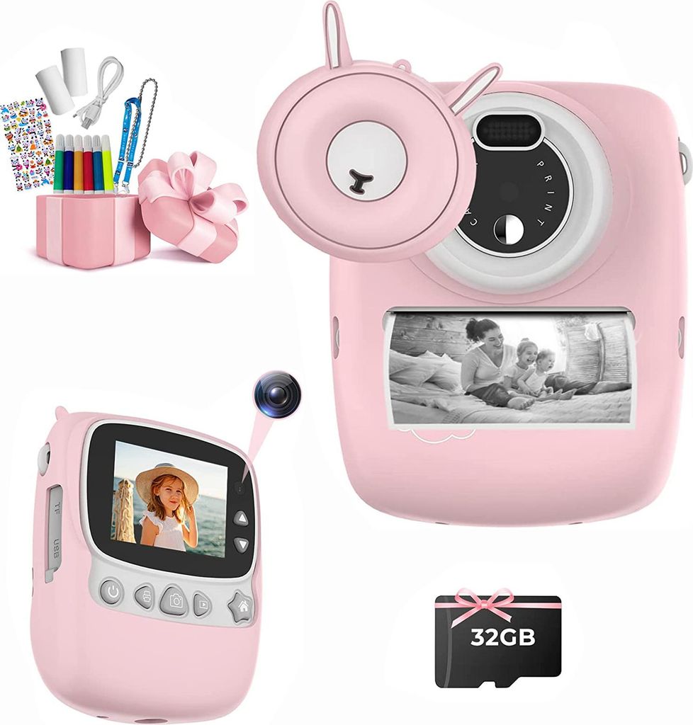 Kinderkamera, Kinder-Digitalkamera mit Druckblatt, Kinderkamera mit 32G TF-Karte, Kamera mit Farbstiften und Fotohalter, rosa