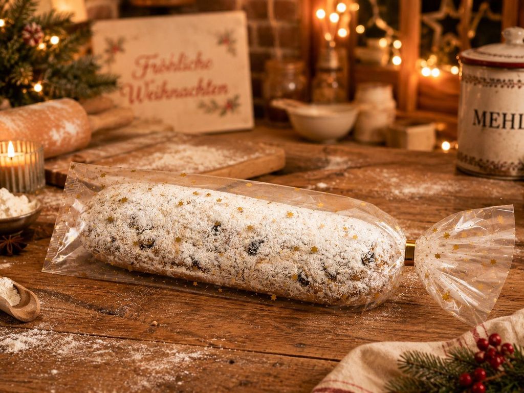 PP-Stollenbeutel "Goldene Sterne" 20 + 7 x 56 cm 10 Stück Produktbild 