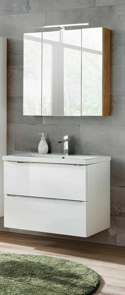 Badmöbel Set CAPRI WEISS HOCHGLANZ 80 cm mit Waschbecken LED SOFT-CLOSE montiert Waschbecken Waschbeckenunterschrank Spiegelschrank