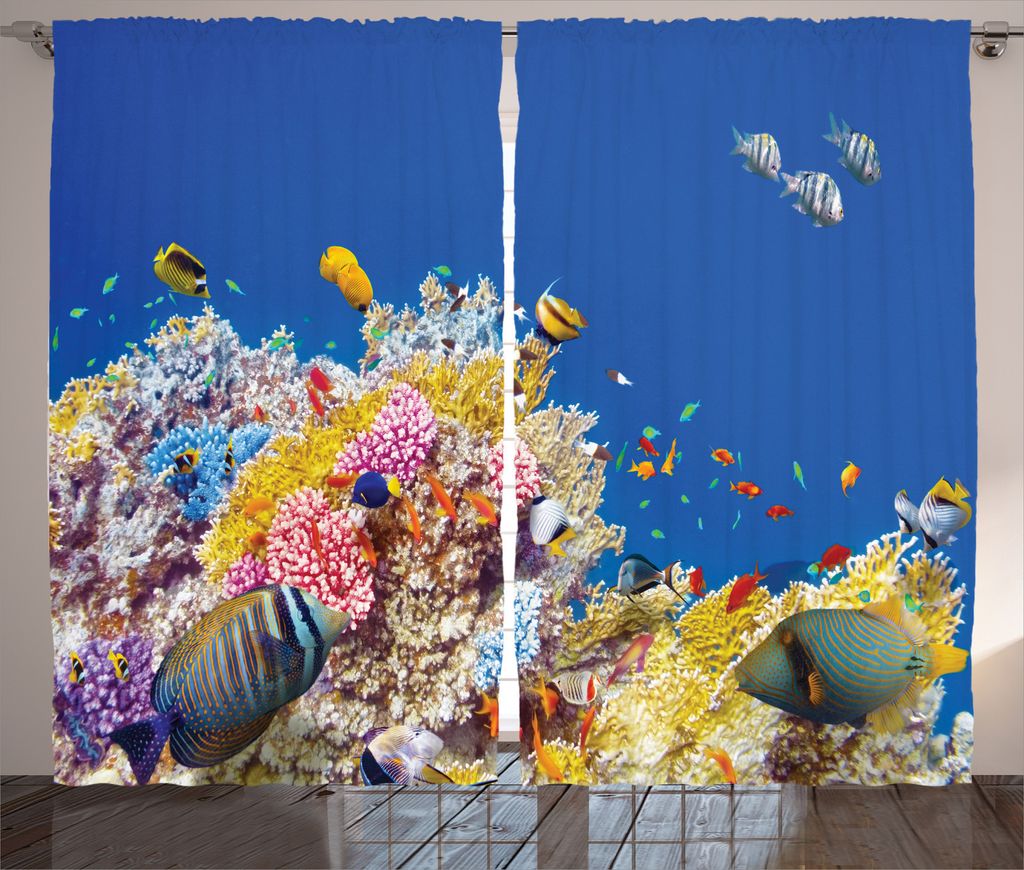 ABAKUHAUS Unterwasser- Rustikaler Vorhang, Tropische Korallen Fisch, Wohnzimmer Universalband Gardinen mit Schlaufen und Haken, 280 x 245 cm, Blau ...