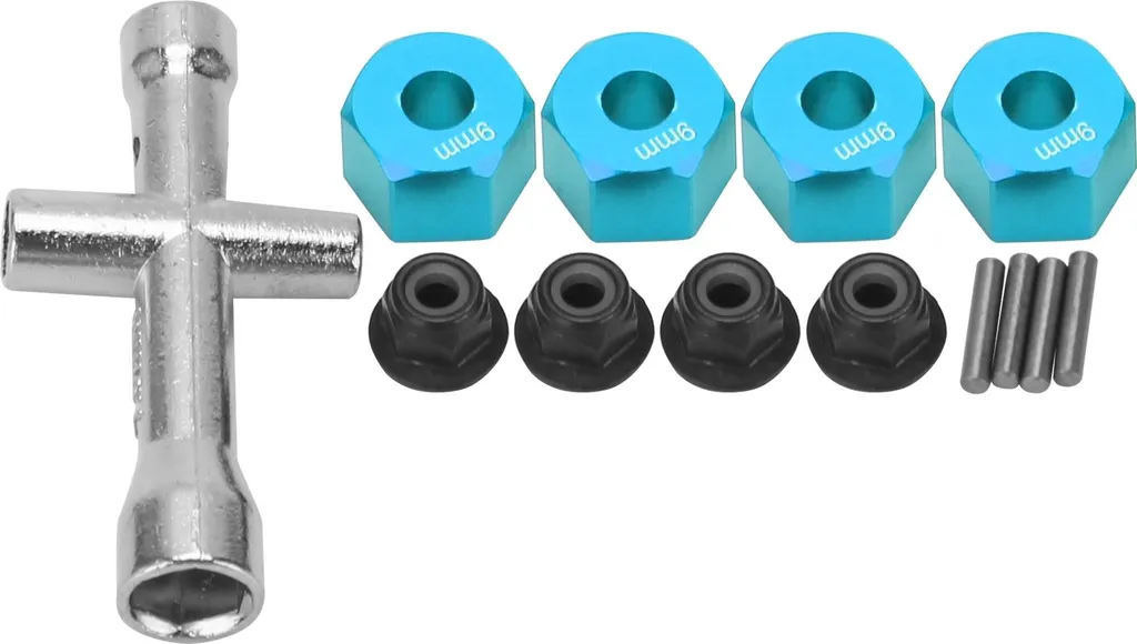 Blu, adattatore mozzo esagonale ruota da 12 mm, spessore 9 mm, dadi di fissaggio con flangia M4, set di chiavi a croce per auto RC 1/10