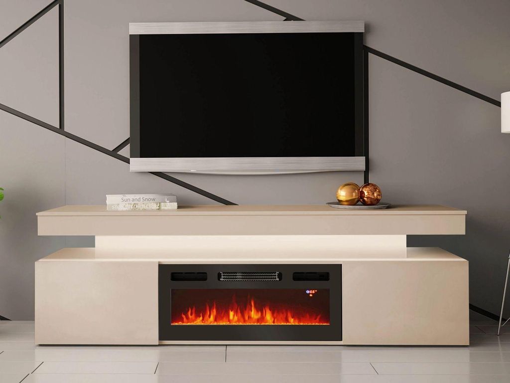 A modern TV stand with a built-in electric fireplace and a large flat-screen TV mounted above it.