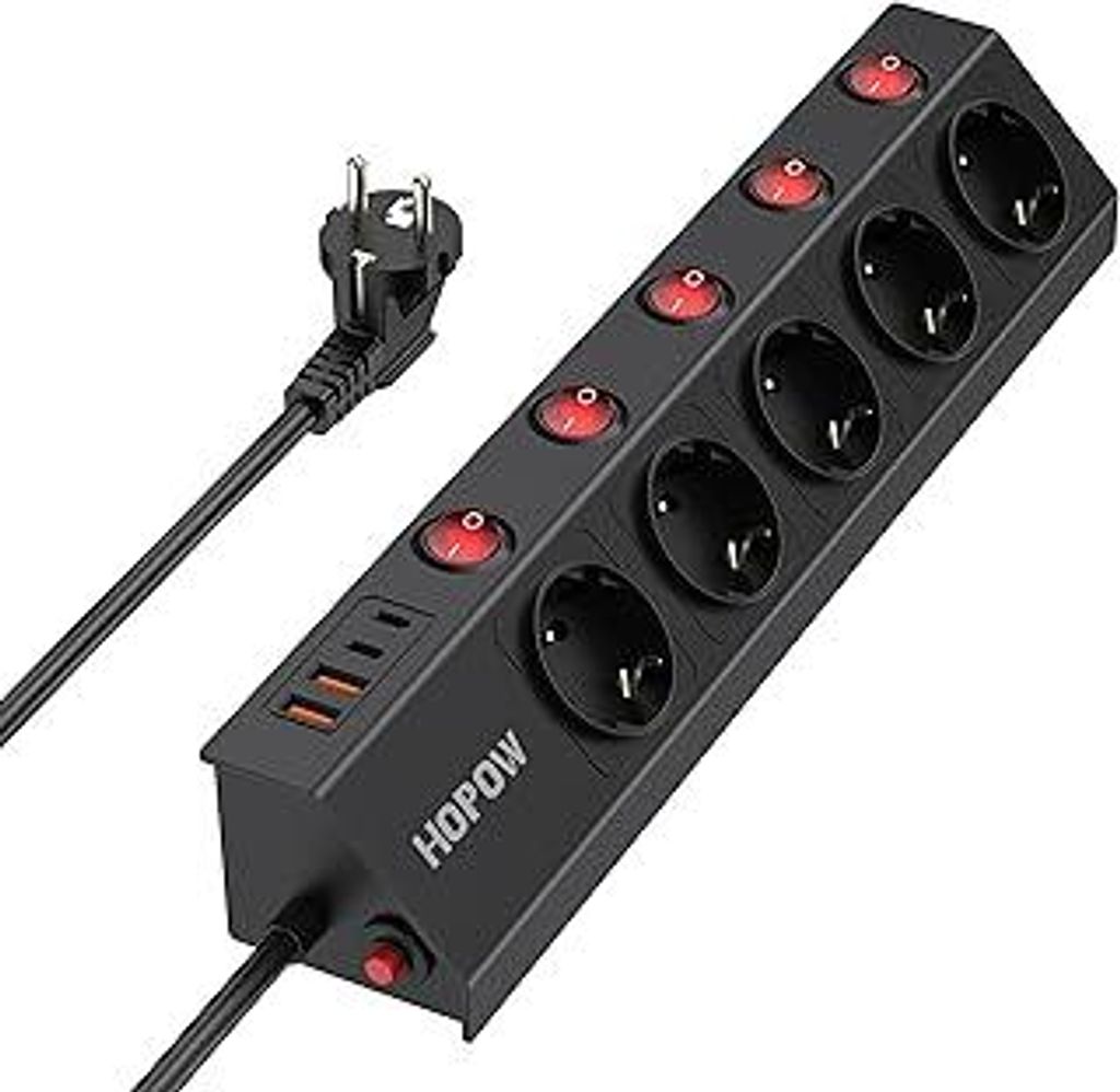 5-Fach Steckdosenleiste Einzeln Schaltbar, Steckdosenleiste mit 4 USB(2USB-C), Mehrfachsteckdose 2m(3680W/16A), 90° Ecksteckdose Mehrfachstecker,W...