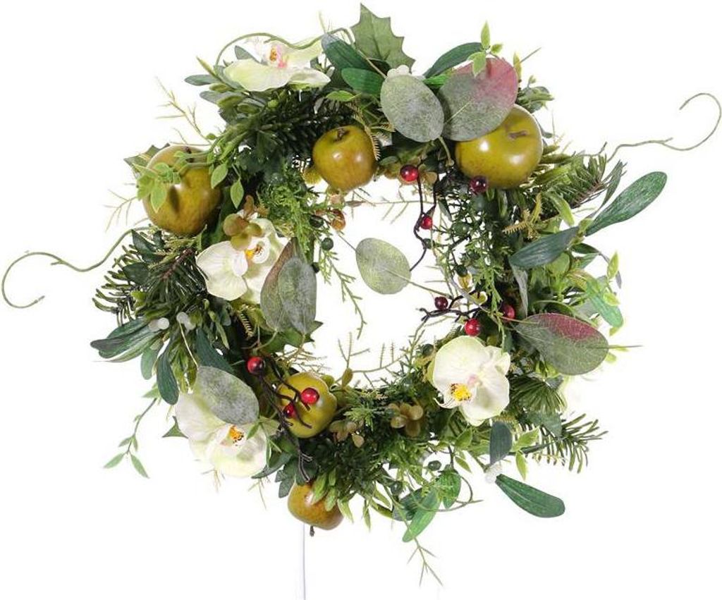 artplants.de Türkranz Winterkranz Isabelle, Orchidee, Apfel, Creme, Ø 30cm - Künstlicher Kranz