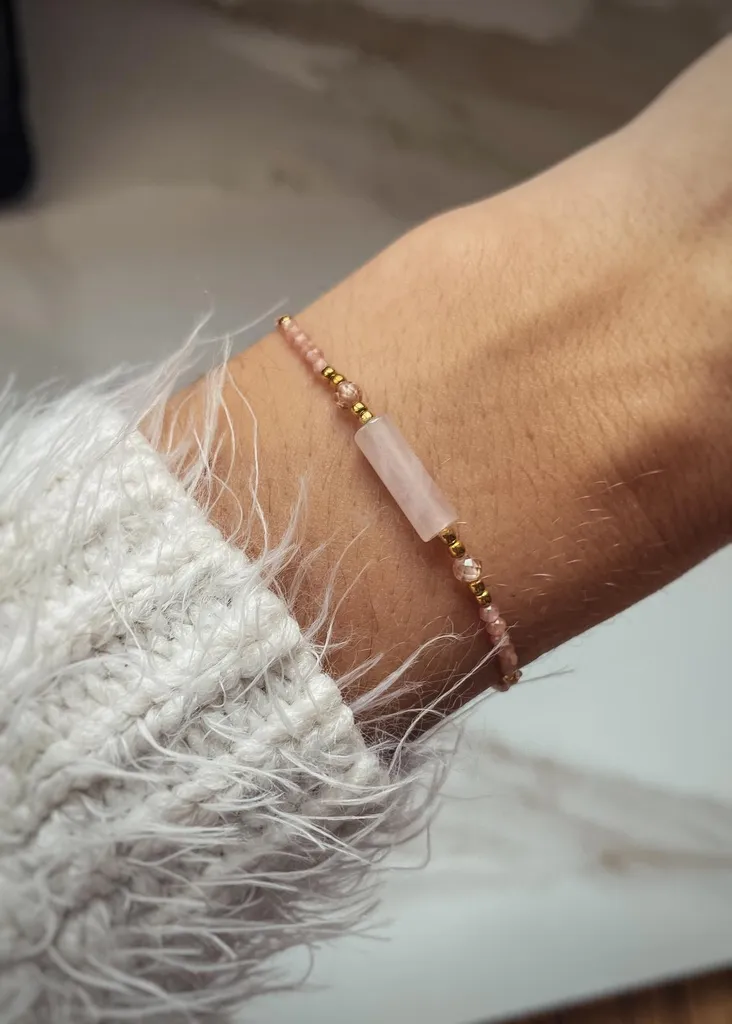 Bracelet quartz rose et rhodochrosite naturelle avec zirconium brillant