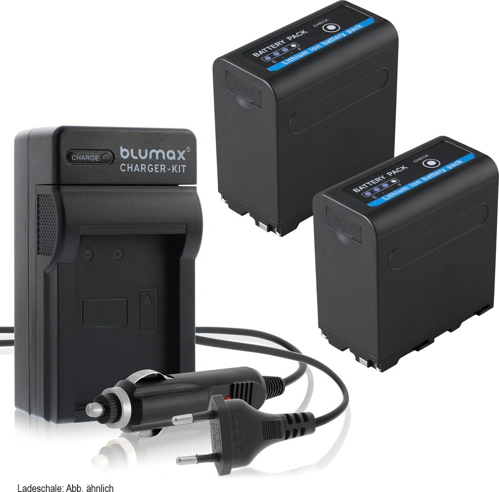 2x Akku + Lader für Sony NP-F980 F750 mit 5V USB Ausg. und DC 8,4V 10050 mAh