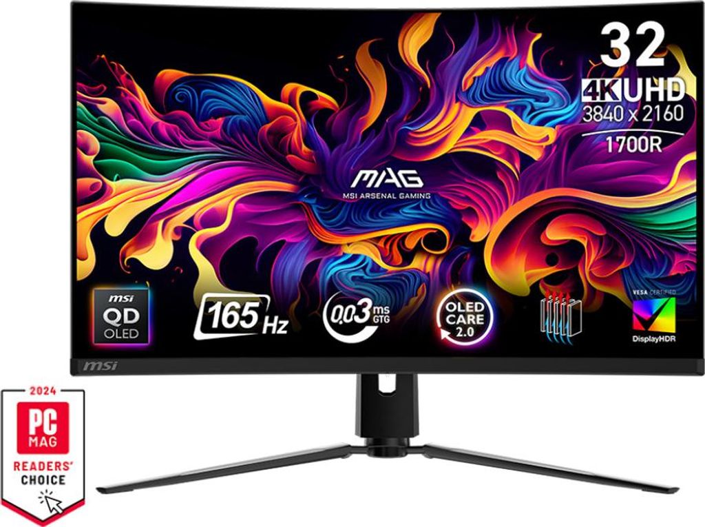 A computer monitor displaying vibrant abstract artwork, with various feature callouts and branding visible.