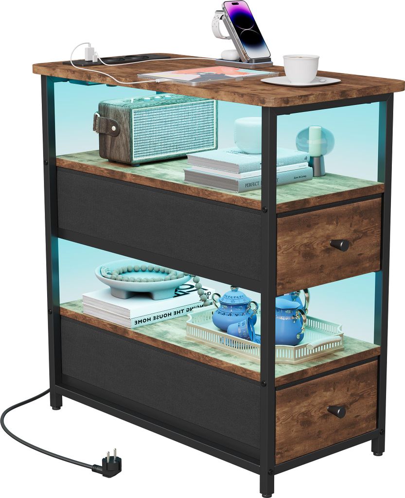 UnboxG Nachttisch 58x28x60,5 cm, Braun, 4 Ebenen, 2 Schubladen, LED-Beleuchtung, USB & Steckdosen, App & Fernbedienung, Stauraum