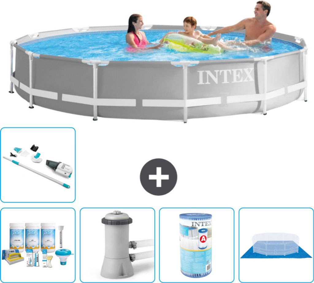 Intex Pool mit rundem Prismenrahmen – 366 x 76 cm – Grau – im Lieferumfang enthalten Wartungspaket - Filterpumpe für Schwimmbad - Filter - B...