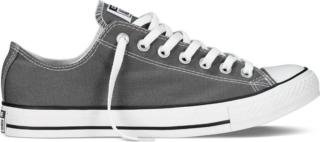 A side view of a gray Converse Chuck Taylor All Star low-top sneaker with white laces and a white sole.